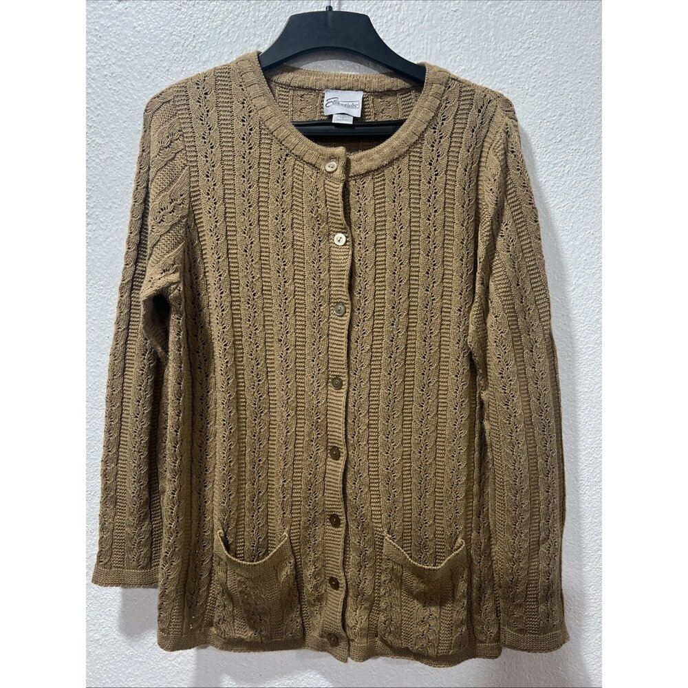 Easy Essentials Cable‎ Knit Long Sleeve Sweater Cardigan Tan 2 Pockets XL cozy